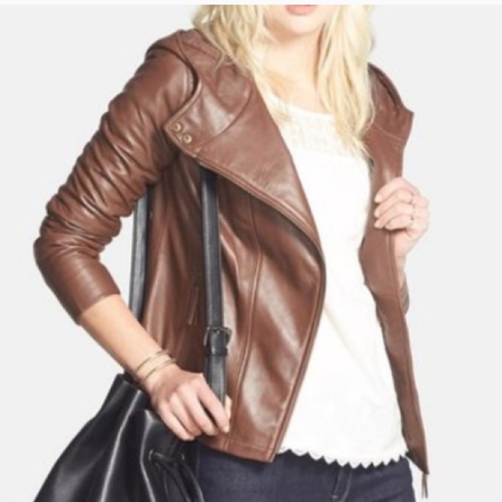 Hinge Brown Hooded Soft Leather Moto Jacket Large